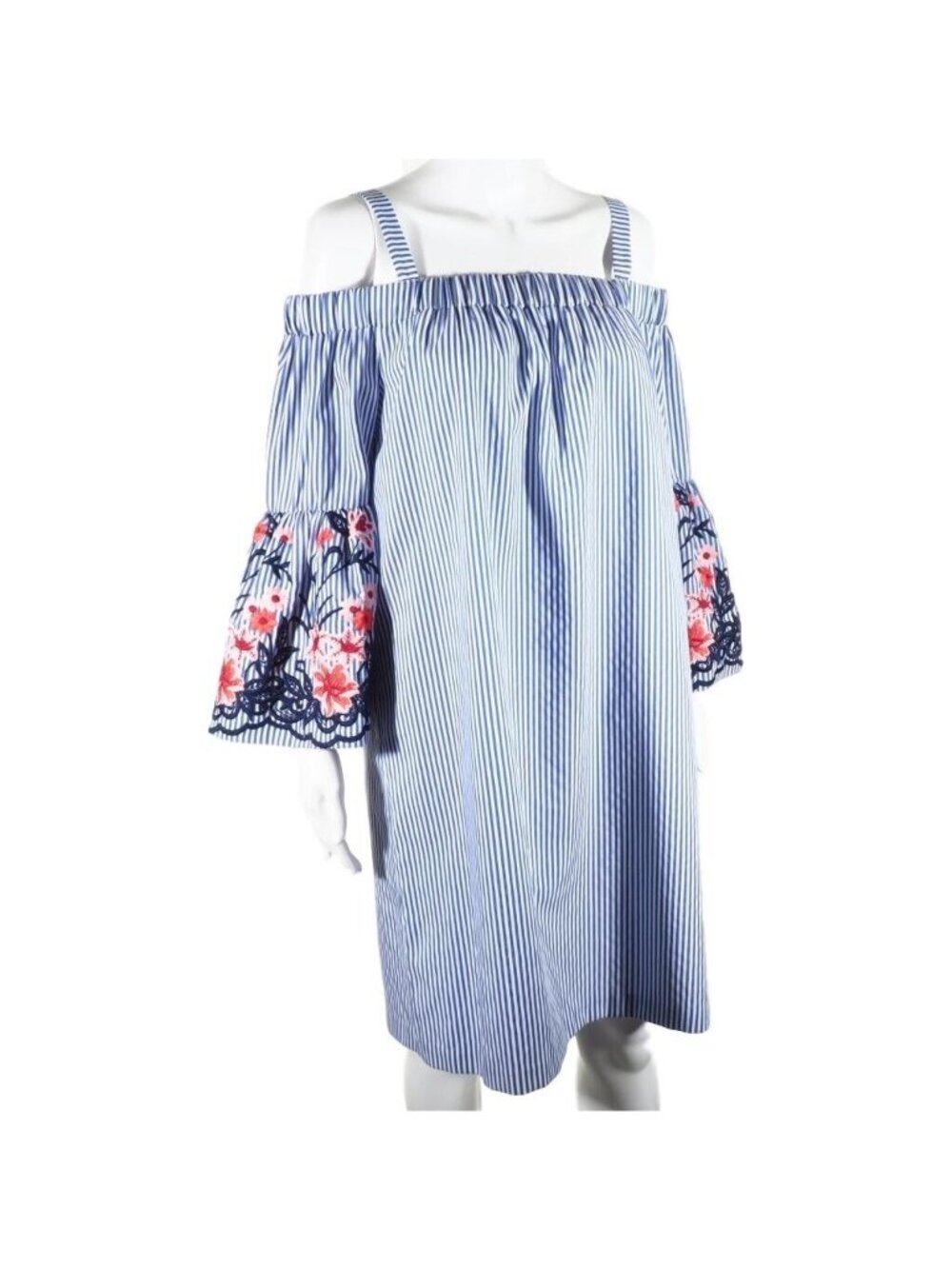 J Howard Womens Dress Size 14 Striped Embroidered Bell Sleeve Blue White Red Bea